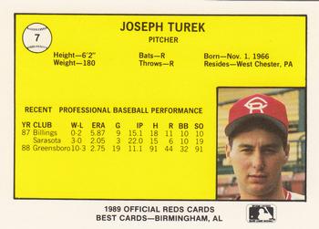 1989 Best Cedar Rapids Reds #7 Joe Turek Back