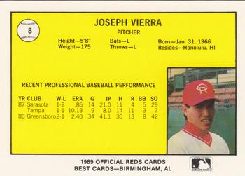 1989 Best Cedar Rapids Reds #8 Joey Vierra Back