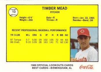 1989 Best Chattanooga Lookouts #13 Timber Mead Back