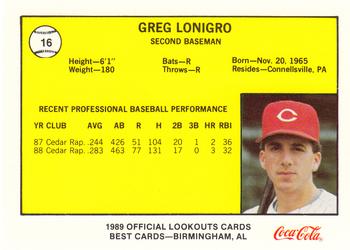 1989 Best Chattanooga Lookouts #16 Greg Lonigro Back