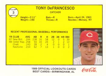1989 Best Chattanooga Lookouts #3 Tony Defrancesco Back