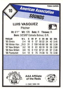 1989 CMC Nashville Sounds #10 Luis Vasquez Back