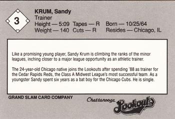 1989 Grand Slam Chattanooga Lookouts #3 Sandy Krum Back