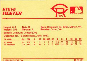 1989 Star Cedar Rapids Reds #8 Steve Hester Back