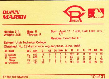 1989 Star Cedar Rapids Reds #10 Quinn Marsh Back