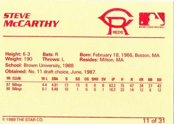 1989 Star Cedar Rapids Reds #11 Steve McCarthy Back