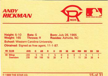 1989 Star Cedar Rapids Reds #15 Andy Rickman Back