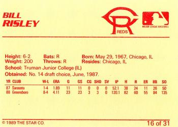 1989 Star Cedar Rapids Reds #16 Bill Risley Back