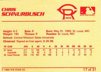 1989 Star Cedar Rapids Reds #17 Chris Schnurbusch Back