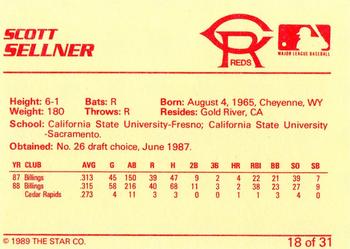 1989 Star Cedar Rapids Reds #18 Scott Sellner Back