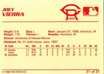 1989 Star Cedar Rapids Reds #21 Joey Vierra Back
