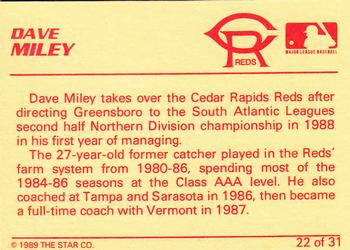 1989 Star Cedar Rapids Reds #22 Dave Miley Back