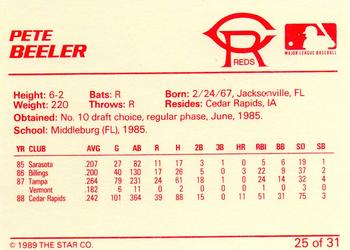 1989 Star Cedar Rapids Reds #25 Pete Beeler Back