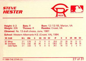 1989 Star Cedar Rapids Reds #27 Steve Hester Back