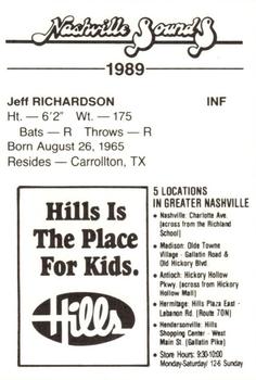 1989 Hills Nashville Sounds #NNO Jeff Richardson Back