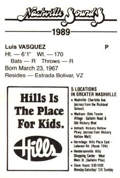 1989 Hills Nashville Sounds #NNO Luis Vasquez Back