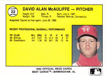 1990 Best Cedar Rapids Reds #22 Dave McAuliffe Back