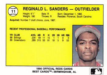 1990 Best Cedar Rapids Reds #11 Reggie Sanders Back