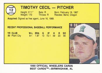 1990 Best Charleston Wheelers #12 Tim Cecil Back