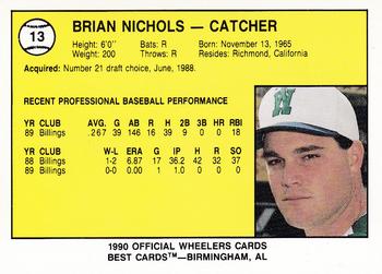 1990 Best Charleston Wheelers #13 Brian Nichols Back