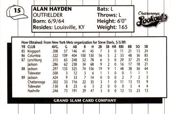 1990 Grand Slam Chattanooga Lookouts #15 Alan Hayden Back