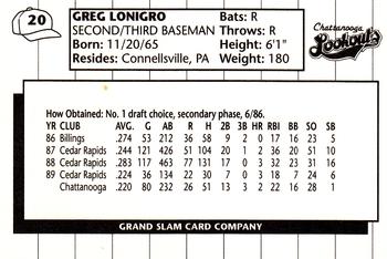 1990 Grand Slam Chattanooga Lookouts #20 Greg Lonigro Back