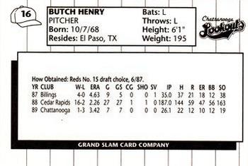1990 Grand Slam Chattanooga Lookouts #16 Butch Henry Back