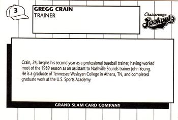 1990 Grand Slam Chattanooga Lookouts #3 Gregg Crain Back