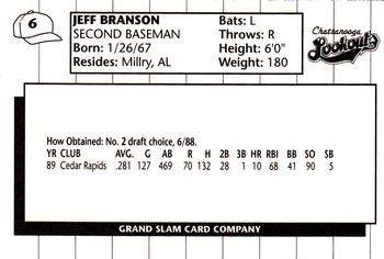 1990 Grand Slam Chattanooga Lookouts #6 Jeff Branson Back