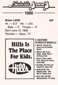 1990 Nashville Sounds #12 Brian Lane Back