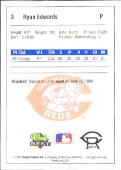 1991 Classic Best Cedar Rapids Reds #3 Ryan Edwards Back