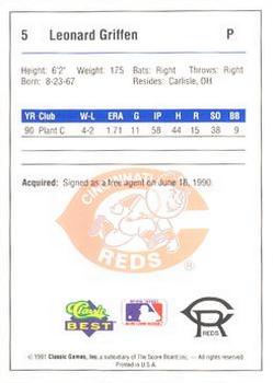 1991 Classic Best Cedar Rapids Reds #5 Leonard Griffen Back