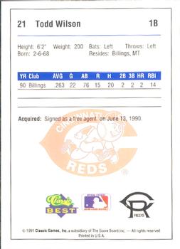 1991 Classic Best Cedar Rapids Reds #21 Todd Wilson Back