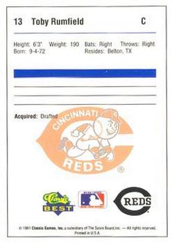1991 Classic Best Princeton Reds #13 Toby Rumfield Back