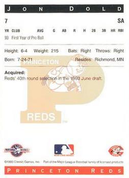 1993 Classic Best Princeton Reds #7 Jon Dold Back