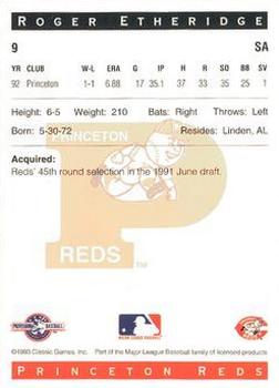 1993 Classic Best Princeton Reds #9 Roger Etheridge Back
