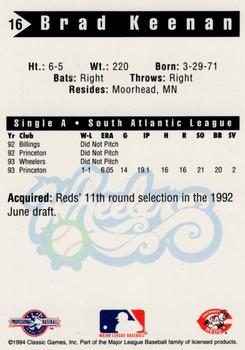 1994 Classic Best Charleston Wheelers #16 Brad Keenan Back