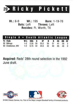 1994 Classic Best Charleston Wheelers #20 Ricky Pickett Back