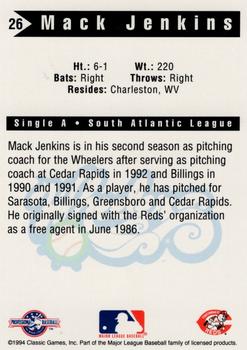 1994 Classic Best Charleston Wheelers #26 Mack Jenkins Back
