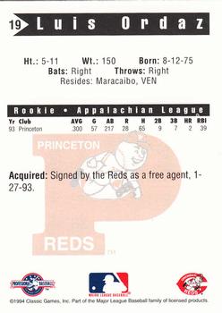 1994 Classic Best Princeton Reds #19 Luis Ordaz Back