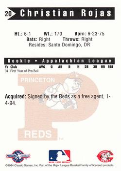 1994 Classic Best Princeton Reds #20 Christian Rojas Back