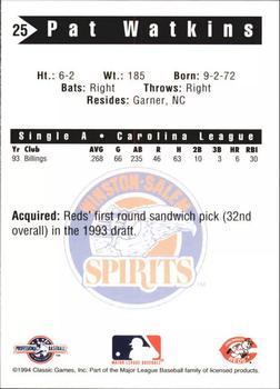 1994 Classic Best Winston-Salem Spirits #25 Pat Watkins Back