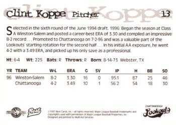 1997 Best Chattanooga Lookouts #13 Clint Koppe Back