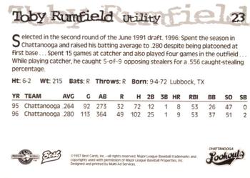 1997 Best Chattanooga Lookouts #23 Toby Rumfield Back