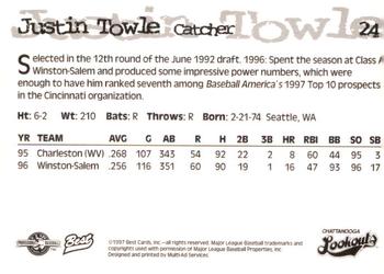 1997 Best Chattanooga Lookouts #24 Justin Towle Back