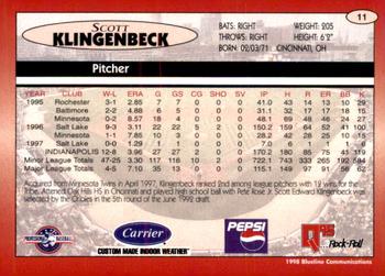 1998 Blueline Q-Cards Indianapolis Indians #11 Scott Klingenbeck Back