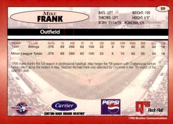 1998 Blueline Q-Cards Indianapolis Indians #29 Mike Frank Back