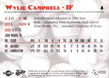 1998 Multi-Ad Burlington Bees #4 Wylie Campbell Back