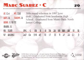 1998 Multi-Ad Burlington Bees #20 Marc Suarez Back