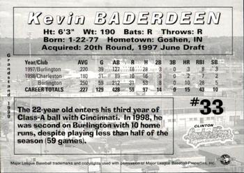 1999 Grandstand Clinton LumberKings #NNO Kevin Baderdeen Back